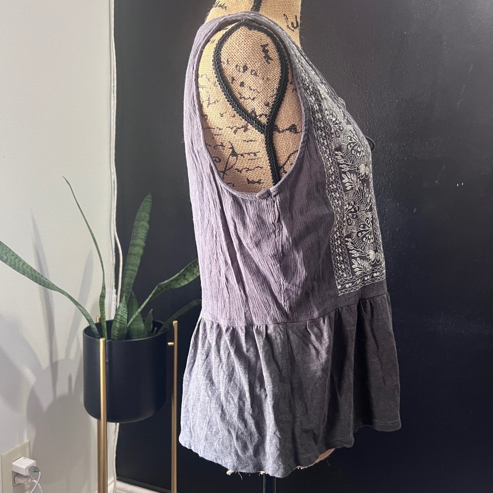 Lucky Brand Womens Gray Embroidered Peplum Tank Top Large Tassel Tie Boho Gypsy - Picture 2 of 8